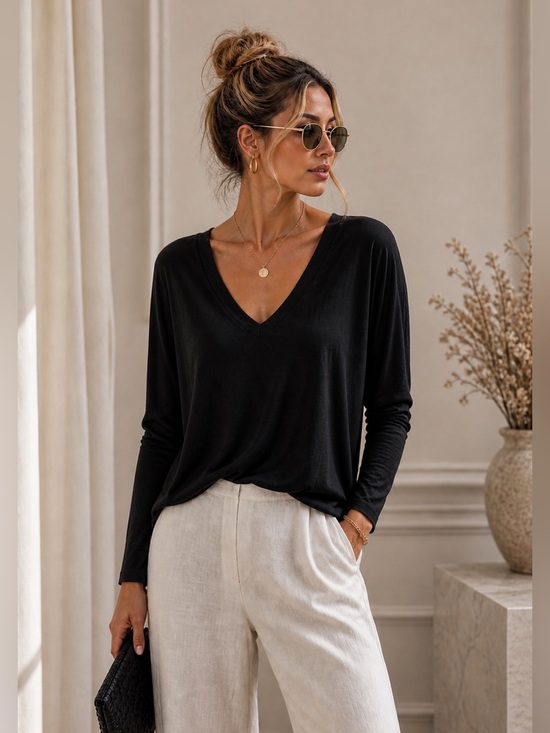 Charlotte Avery Tops - Elegant Women's Black V-Neck dolman Blouse